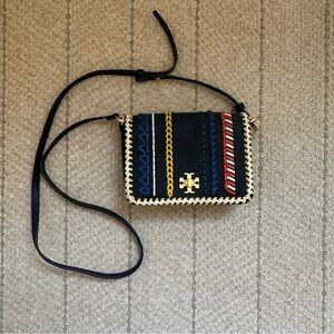 Tory Burch Suede Navy Multicolor Trim Crossbody Bag